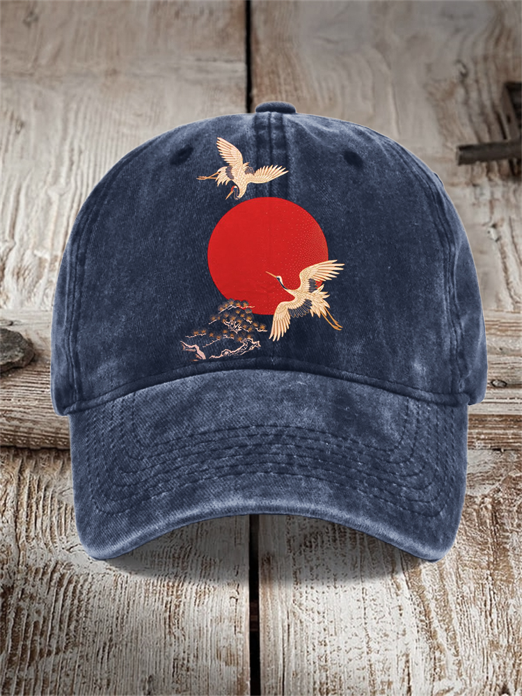 Cranes Sunrise Japanese Art Washed Cap