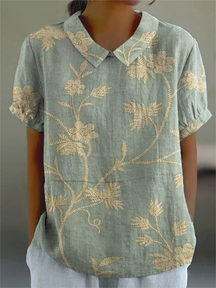 Women'S Retro Floral Art Print Casual Cotton Linen Shirt