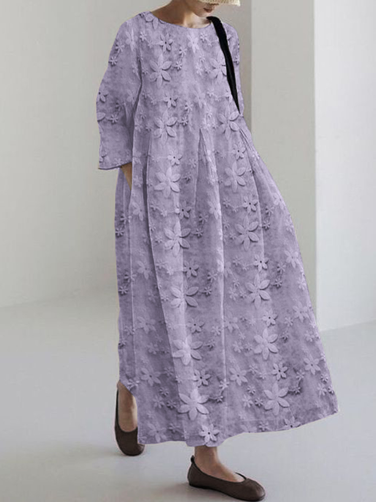 Floral Lace Embroidered Linen Blend Maxi Dress