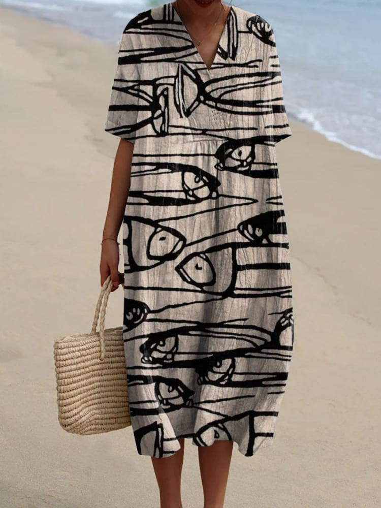 Women's Vintage Fish Art Print Flowy Dress