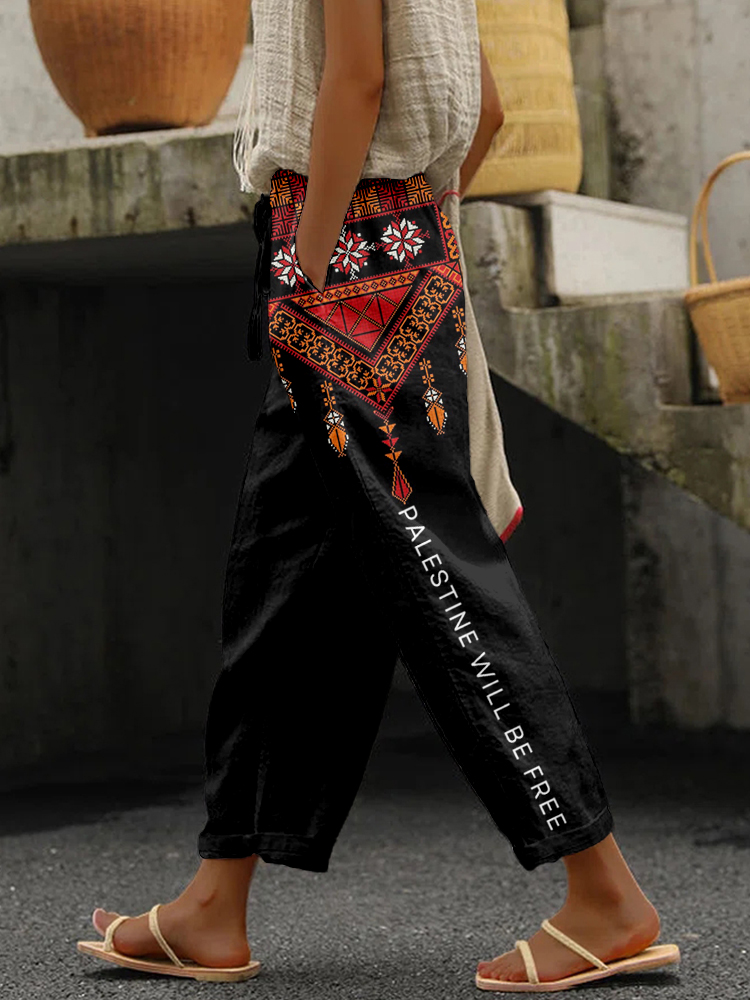 Palestine Will Be Free Tatreez Inspired Linen Blend Casual Pants