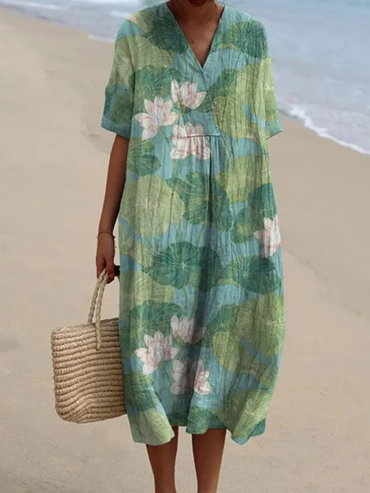 Women'S Lotus Art V-Neck Dress