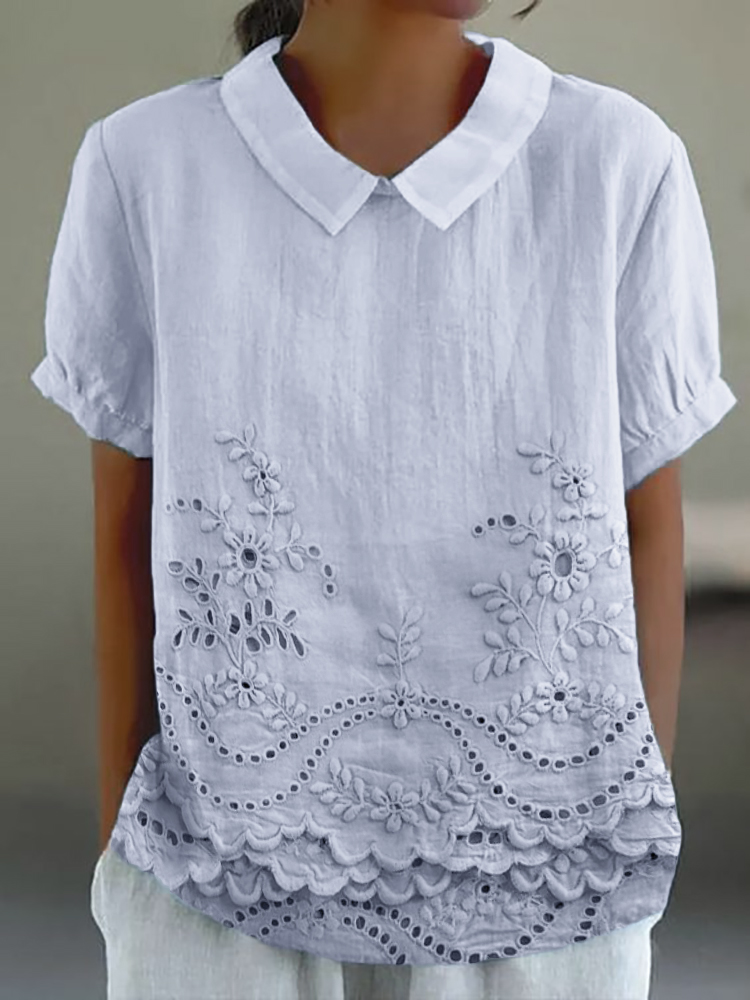 Cottage Floral Embroidered Lace Hem Linen Blend Tunic