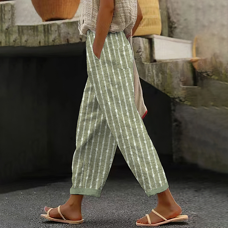 Women Vintage Stripes Printed Casual Pocket Pants