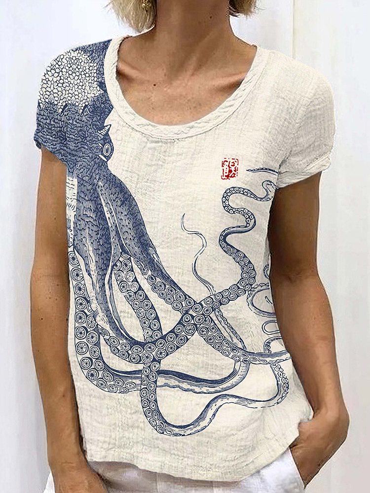 Retro Japanese Art Octopus And Crab Linen Casual T-Shirt