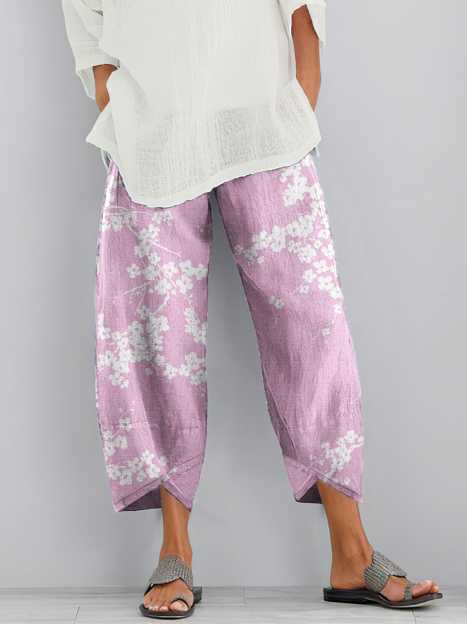 Cherry Blossom Print Loose Casual Pants