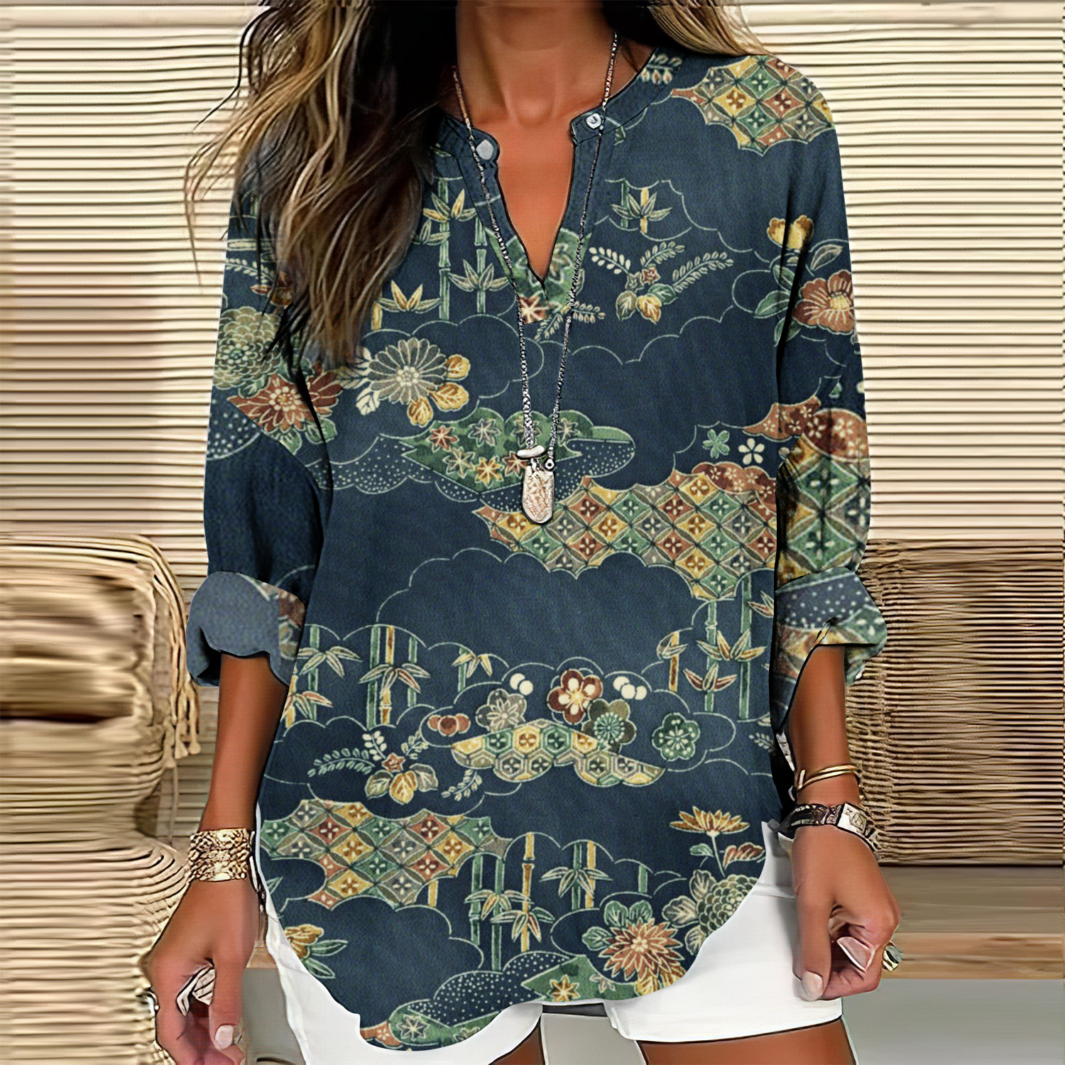 Vintage Japanese Art Print V-Neck Casual Shirt