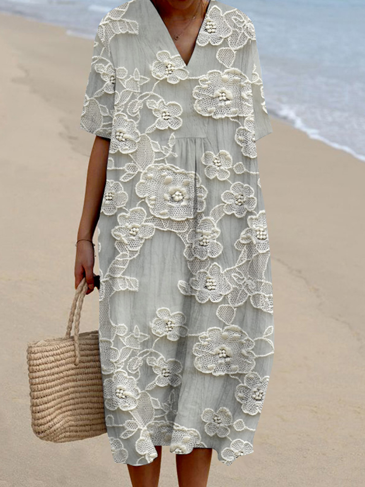 Lace Floral Print V-Neck Loose Midi Dress