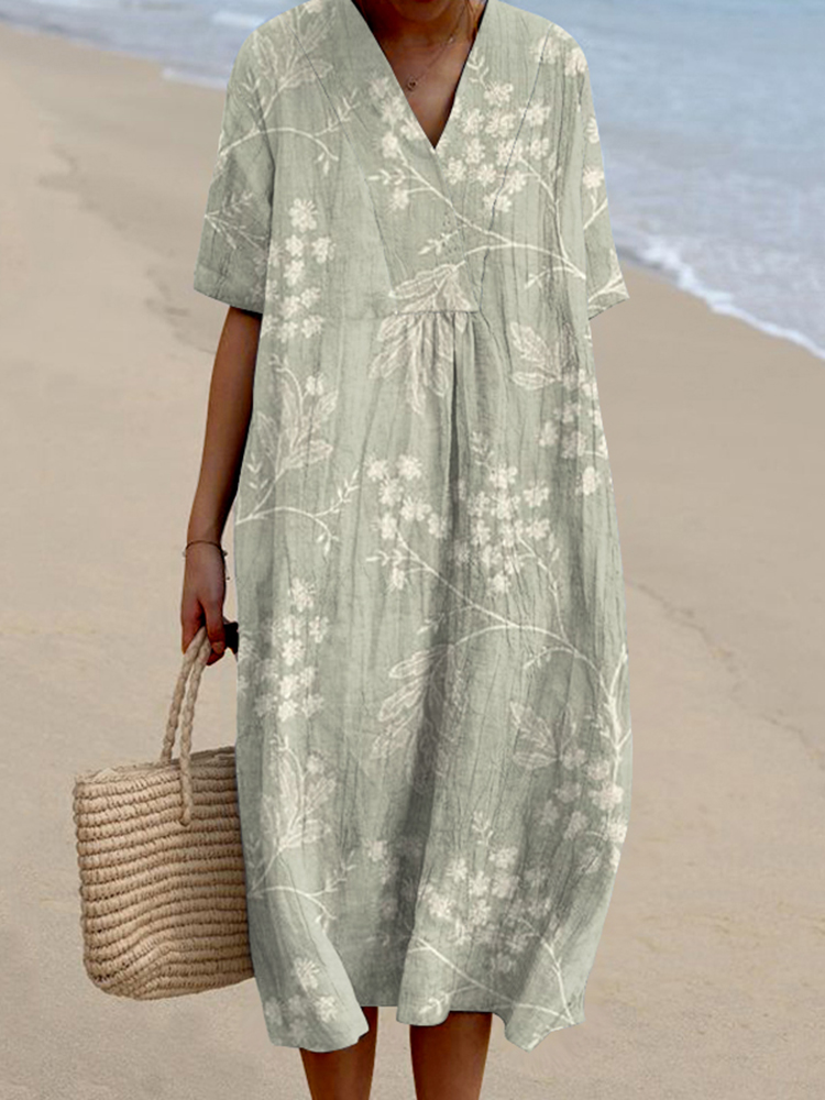 Floral Print V-Neck Loose Midi Dress