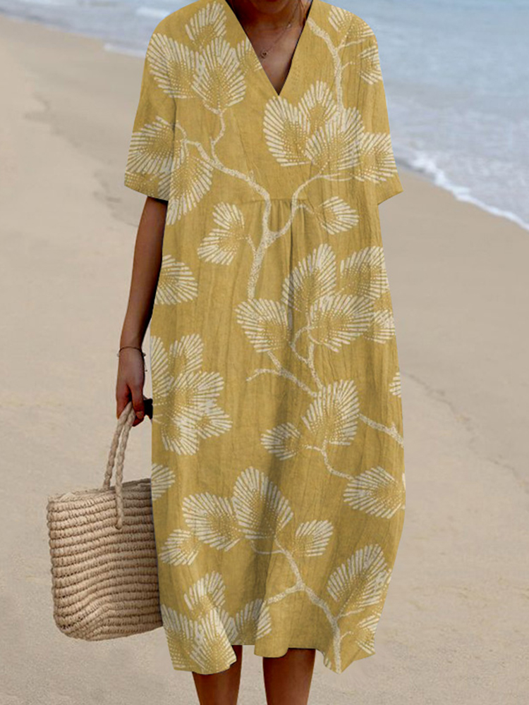 Floral Print V-Neck Loose Midi Dress