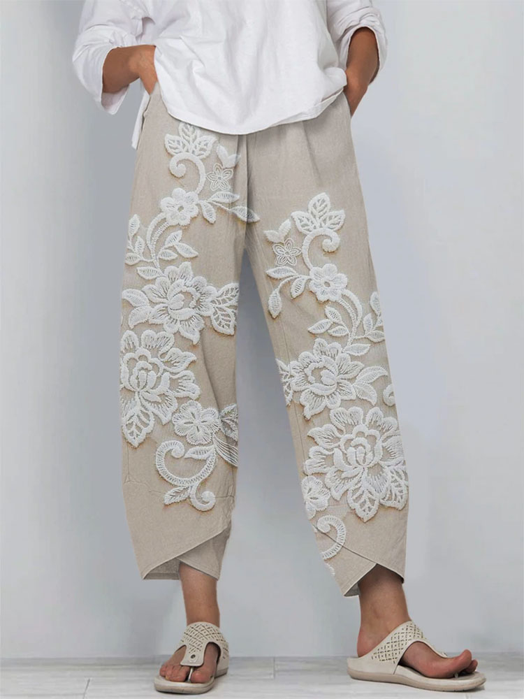 Vintage Floral Lace Embroidered Linen Blend Cropped Pants