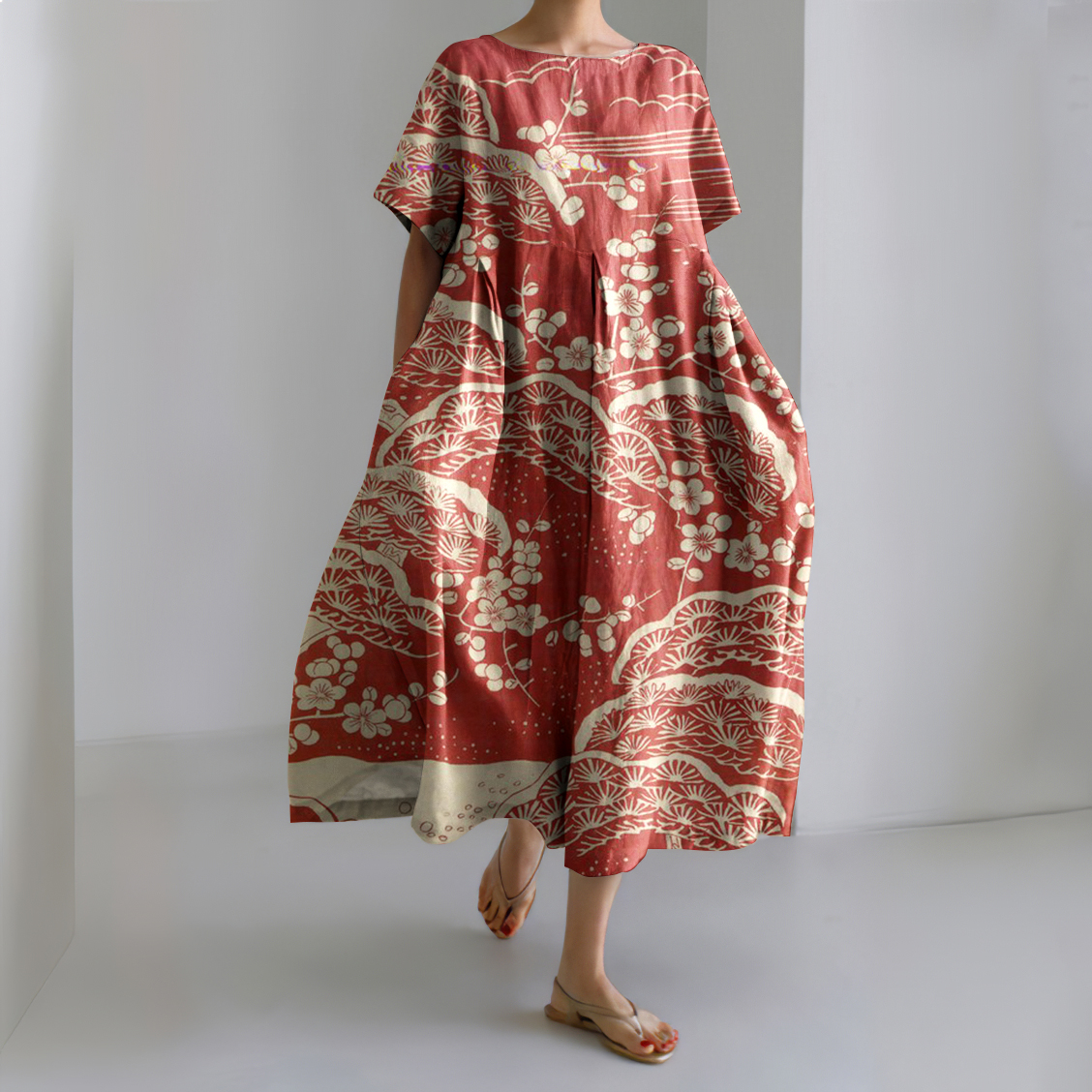 Japanese Art Plum Blossom Printed Crew Neck Casual Midi Dress