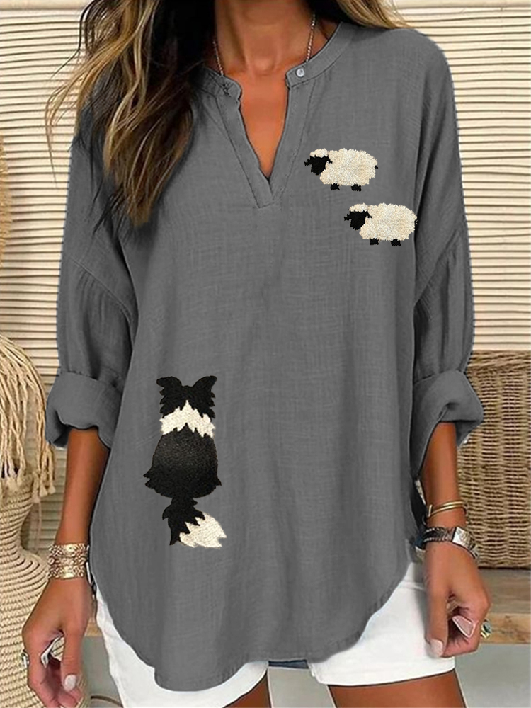 Border Collie & Sheep Embroidered Linen Blend Tunic