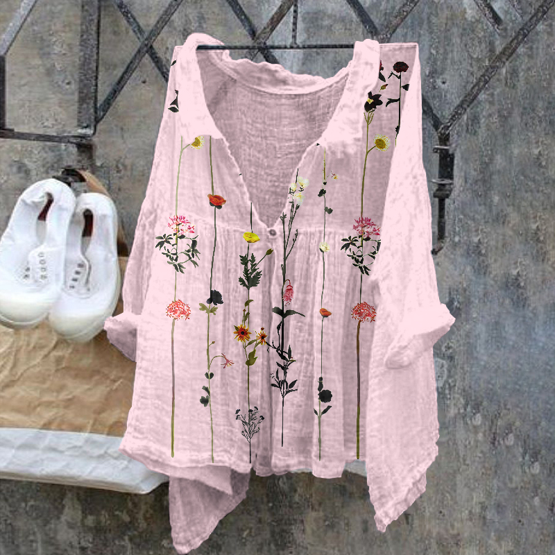 Floral Pattern Ladies Casual Floral Print Cotton Linen  Shirt