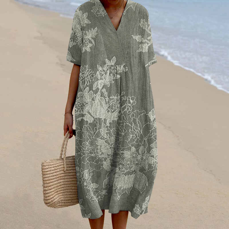 Vintage Floral Print V-Neck Loose Midi Dress