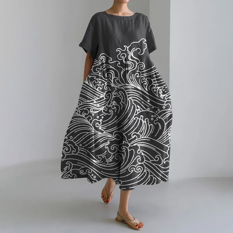 Japanese Style Marine Loose Short Sleeved Midi Dress