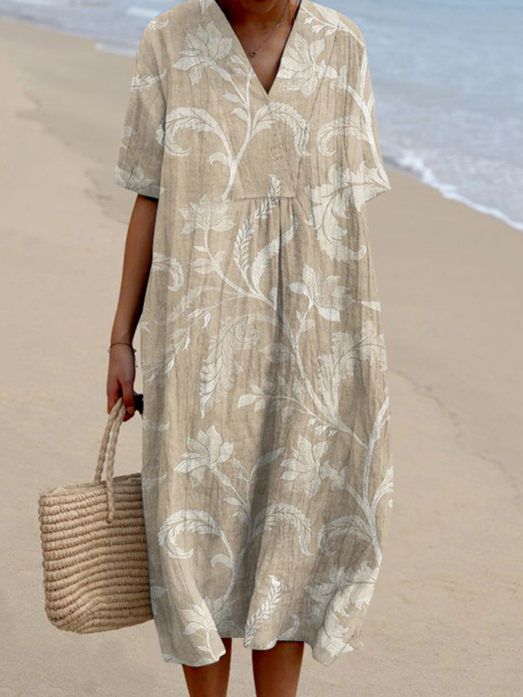 Floral Print V-Neck Loose Midi Dress