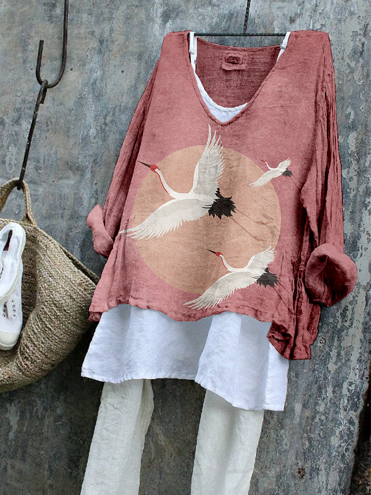 Flying Cranes Japanese Art Pattern Cozy Flowy Tunic