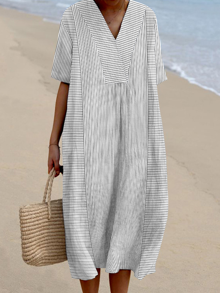 Striped Printed V-Neck Short Sleeved Loose Midi Dress