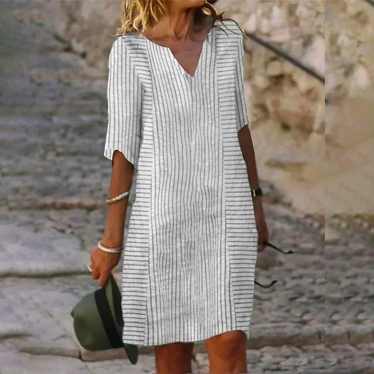 Striped Printed V-Neck Linen Blend Casual Midi Dress