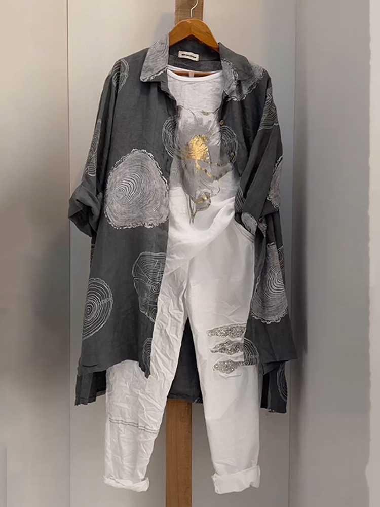 Women's Tree Ring Printed Cotton And Linen Shirt