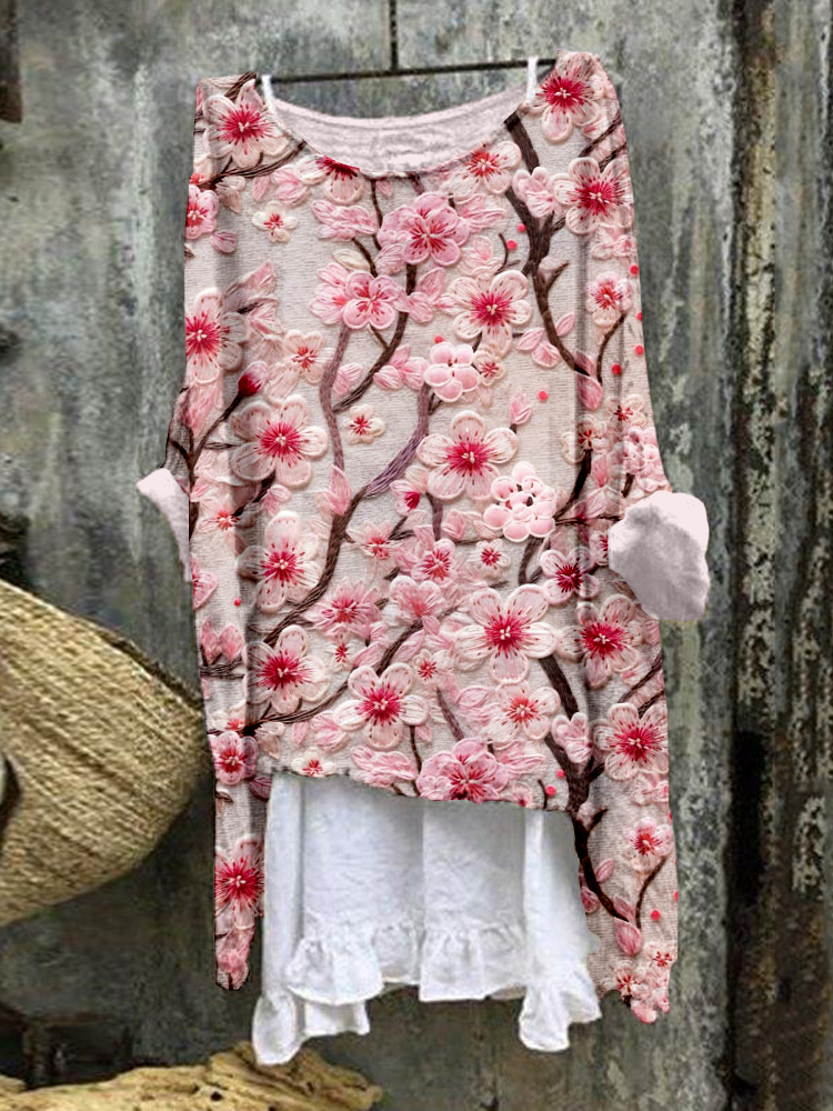 Cherry Blossom Embroidered Linen Blend Tunic