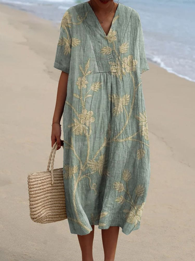 Women's Retro Floral Print Cotton and Linen Dress