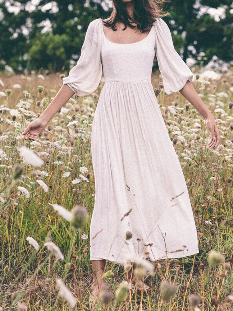 Vintage Elegant Puff Sleeve Scoop Neck Maxi Dress