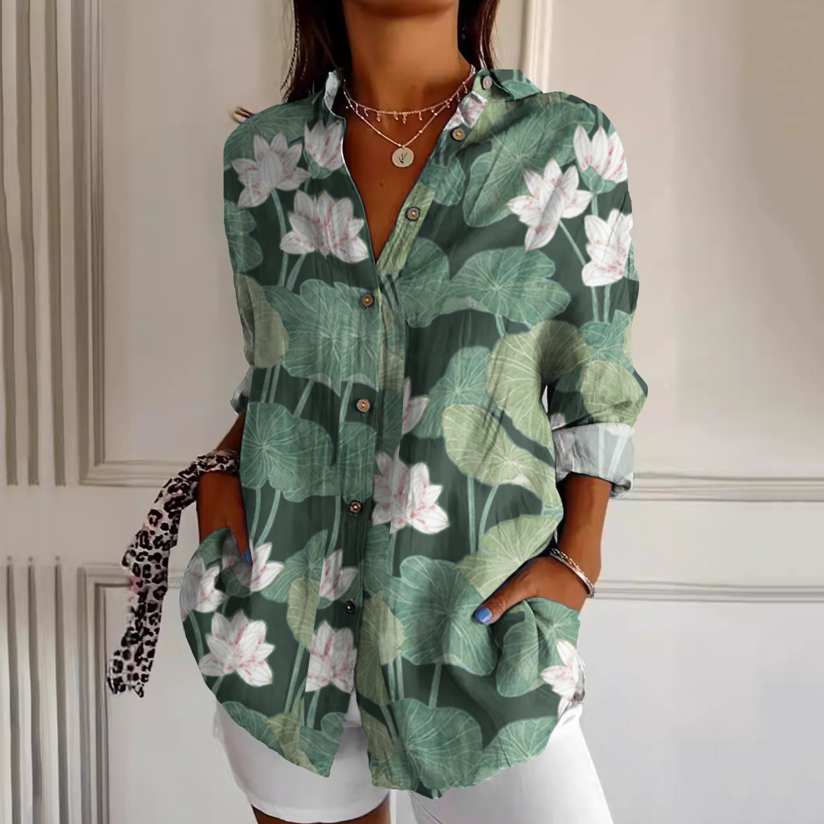 Casual Water Lily Art Pattern Women'S Shirt