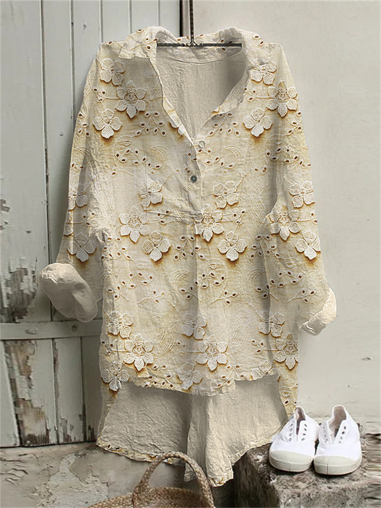 3D Floral Embroidered Lace Linen Blend Tunic