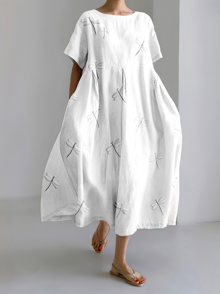 Women'S Vintage Dragonfly Embroidery Art Casual Midi Dress