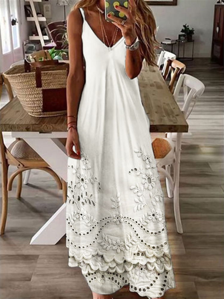 Vintage Floral Embroidered Lace Hem Cami Maxi Dress