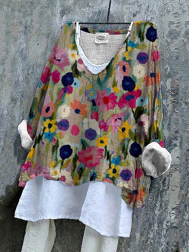 Women‘s Floral Art V Neck Linen Blend Shirt