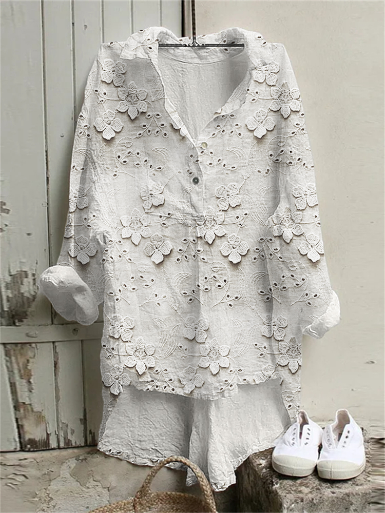 3D Floral Embroidered Lace Linen Blend Tunic