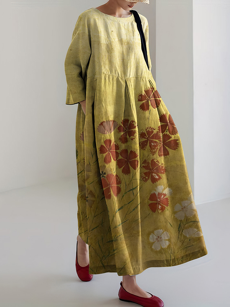 Japanese Art Flower Print Long Sleeve Casual Midi Dress