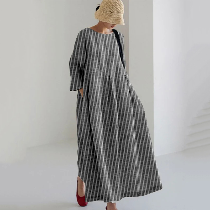 Vintage Stripe Pocket Casual Round Neck Maxi Dress
