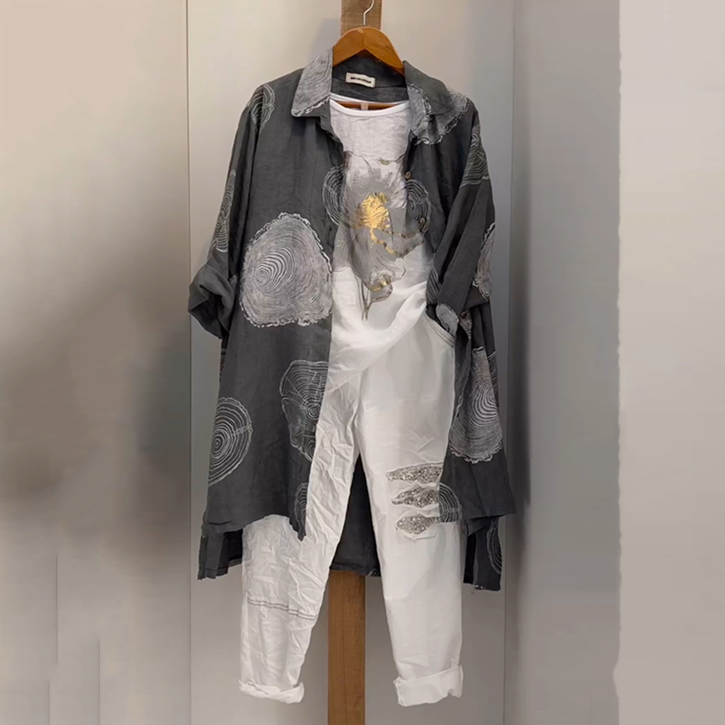 Women's Tree Ring Printed Cotton And Linen Shirt