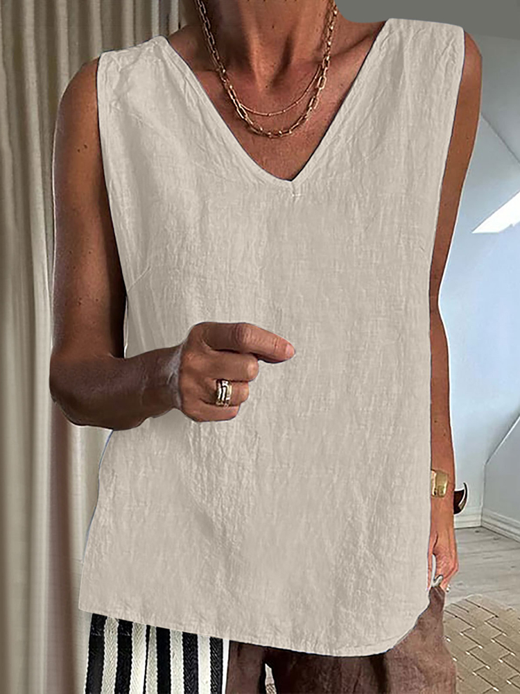 Women'S Cotton And Linen V-Neck Casual Solid Color Tank Top