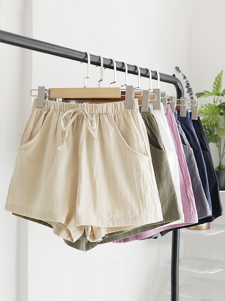 Women's Elastic Waist Pocket Linen Casual Short Pants