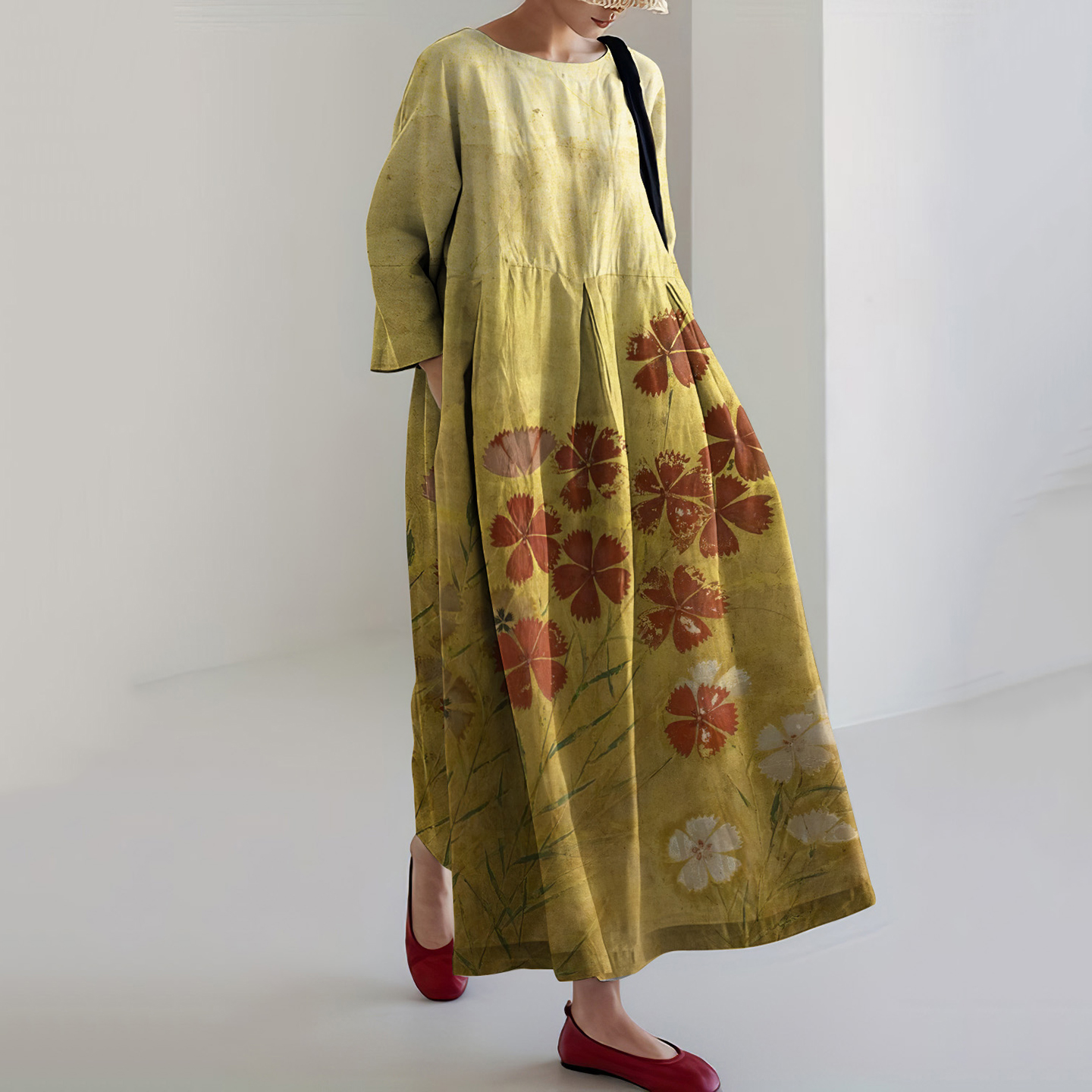 Japanese Art Flower Print Long Sleeve Casual Midi Dress