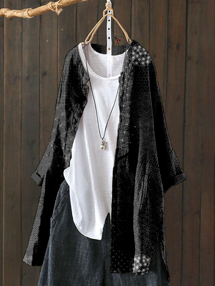 Japanese Traditional Sashiko Art Linen Blend Loose Cardigan