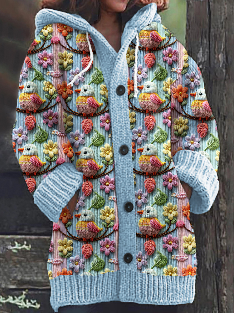 Casual Bird Floral Print Women's Cardigan Sweater