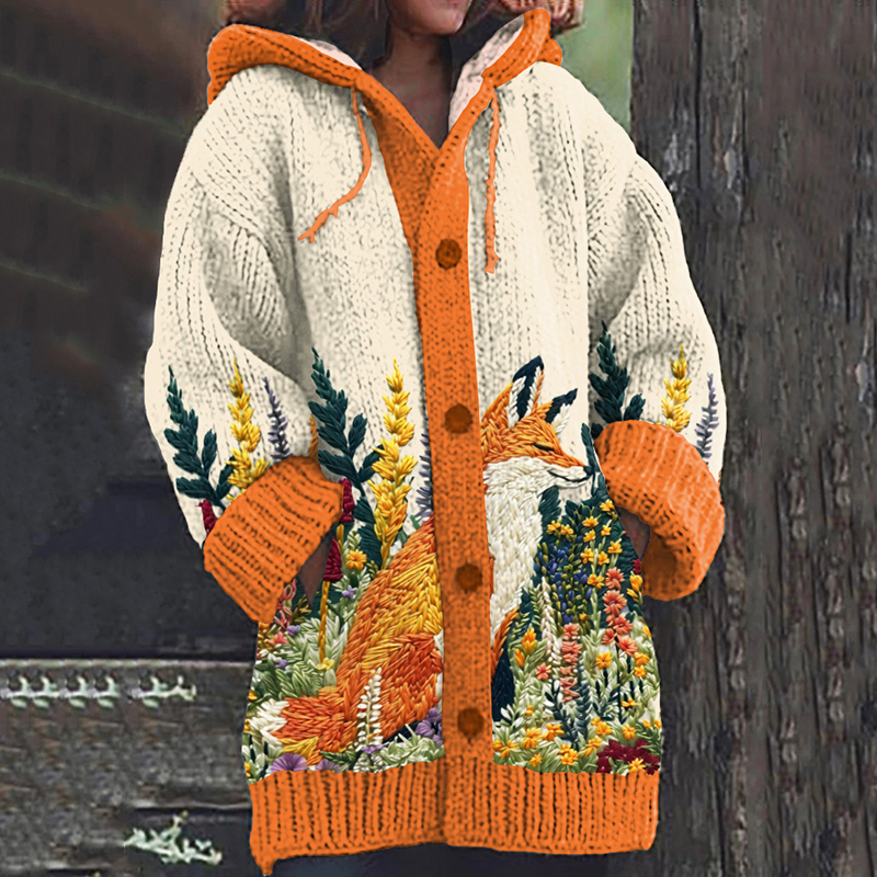 Fox & Floral Embroidered Cozy Knit Hooded Cardigan