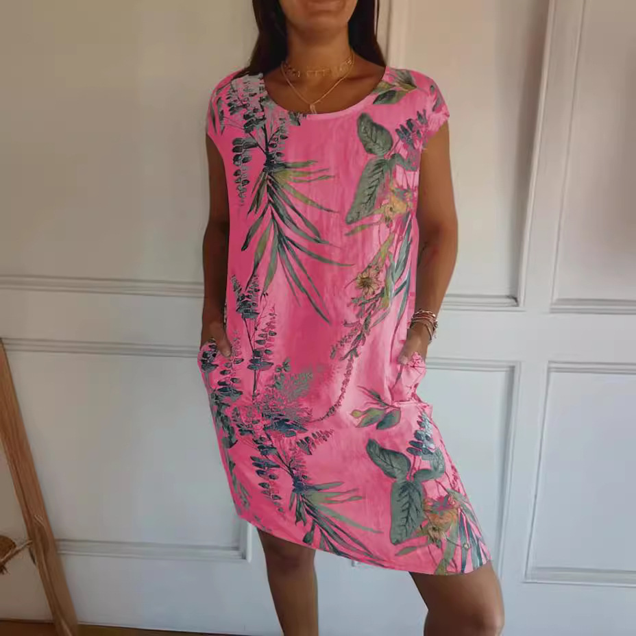 Fashionable Plant Cotton And Linen Round Neck Women'S Dress