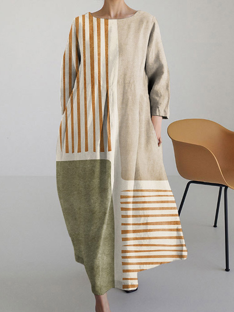 Striped Color Block Crew Neck Loose Midi Dress