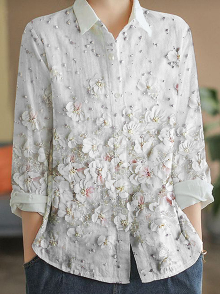 Classic Floral Pearl Embroidery Women's Long Sleeve Shirt