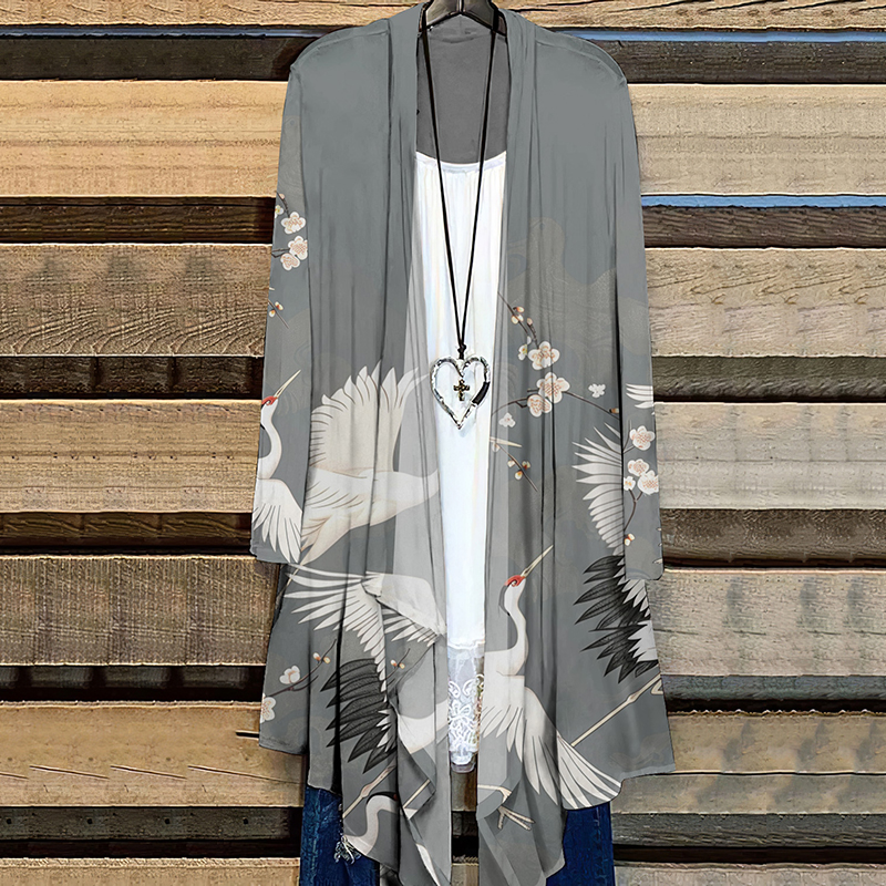 Crane Print Long Sleeve Casual Cardigan