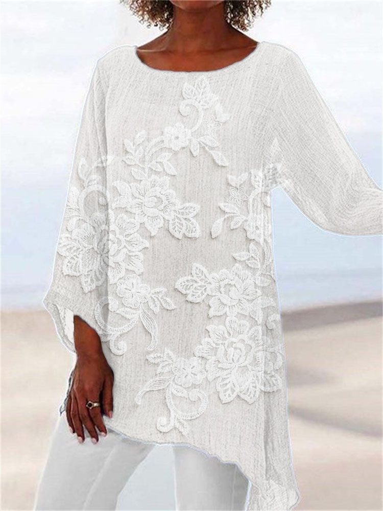 Vintage Floral Lace Embroidered Linen Blend Flowy Tunic