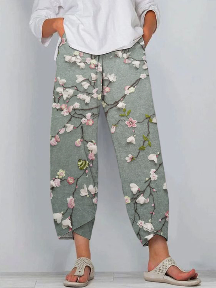 Embroidered Flower & Bird Women's Linen Pants
