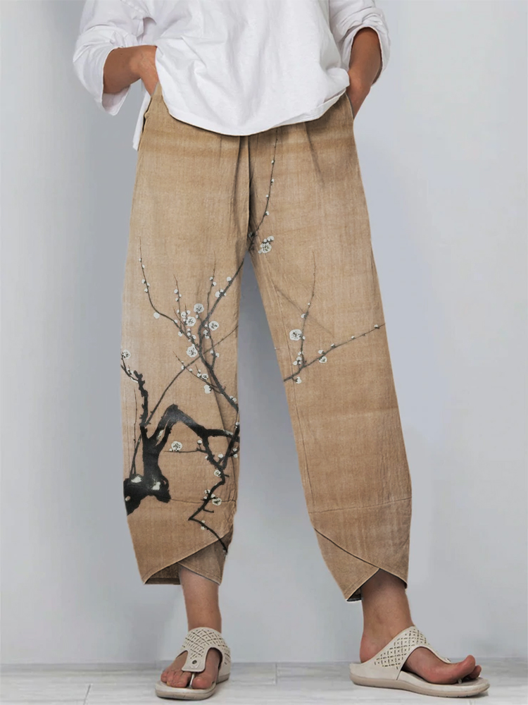 Simple Plum Blossom Japanese Art Linen Blend Cropped Pants